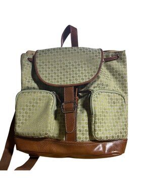 Nine & Co Green Geometric Canvas Backpack Handbag Y2K Boho Rucksack